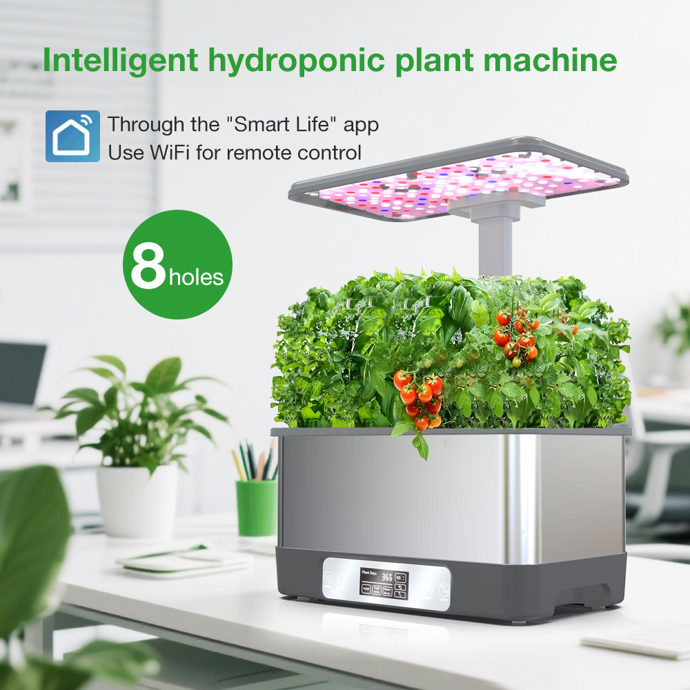 Smart Garden Gate - WiFi対応8ポットステンレス製スマートプランター水耕栽培システム屋内庭園ハーブ栽培ボックス（スペクトルLED育成ライト付き）