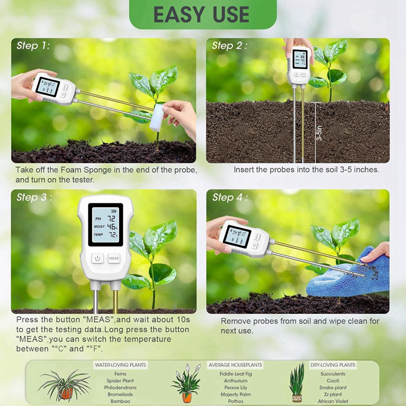 3 in 1 土壌水分計、温度/土壌水分/pH計付きデジタル - Soil Test Digital のレビューと価格