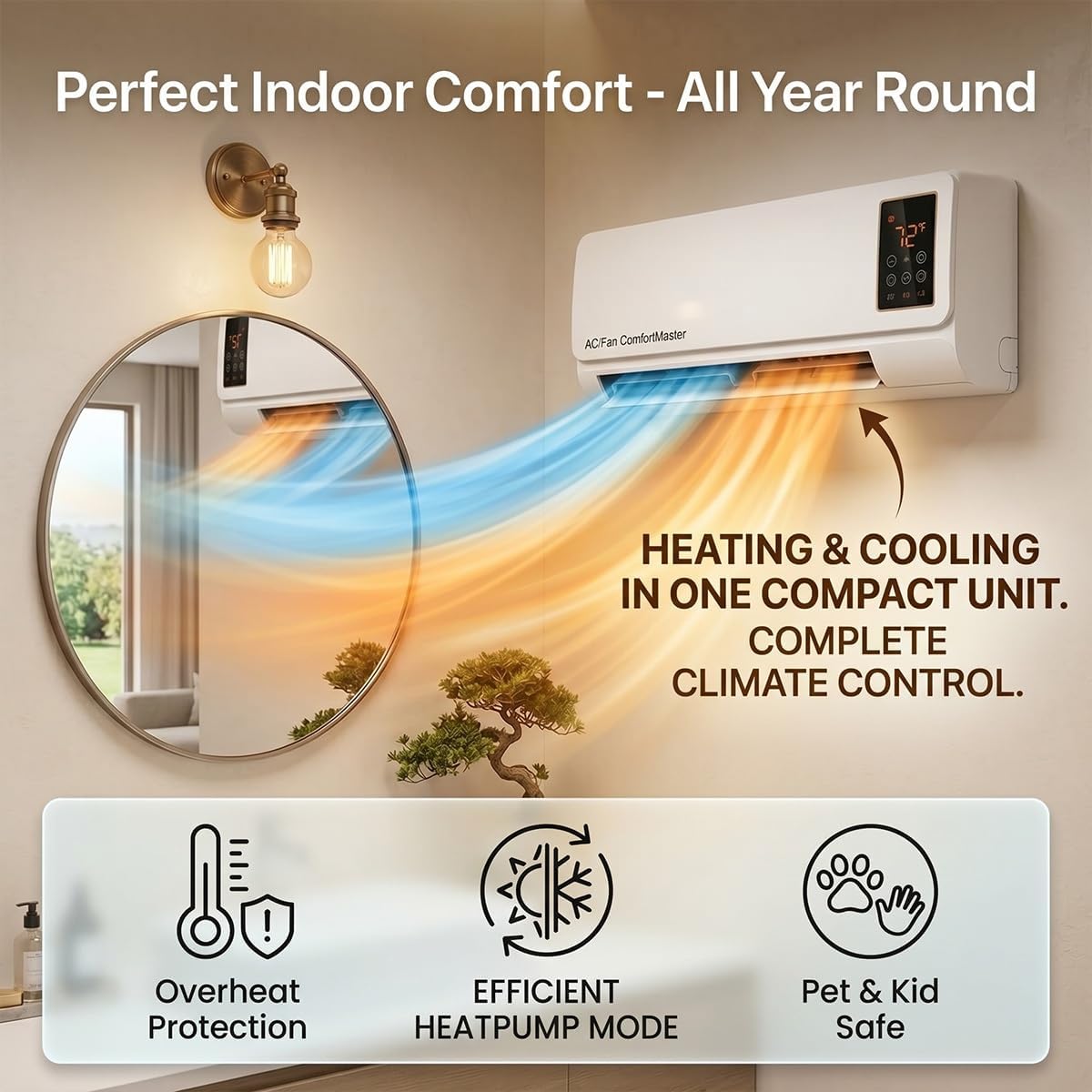 1800W 壁掛けエアコンファン＆ヒーターコンボ、ポータブル - Smart Garden Rooms のレビューと価格