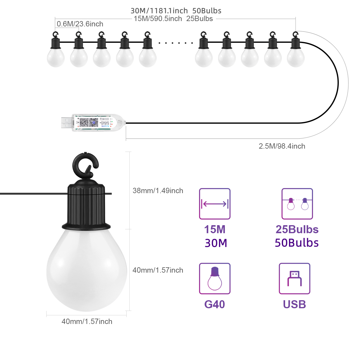 スマートWIFI G40 LED電球ストリングライト USB - Smart Garden Festoon Lights のレビューと価格
